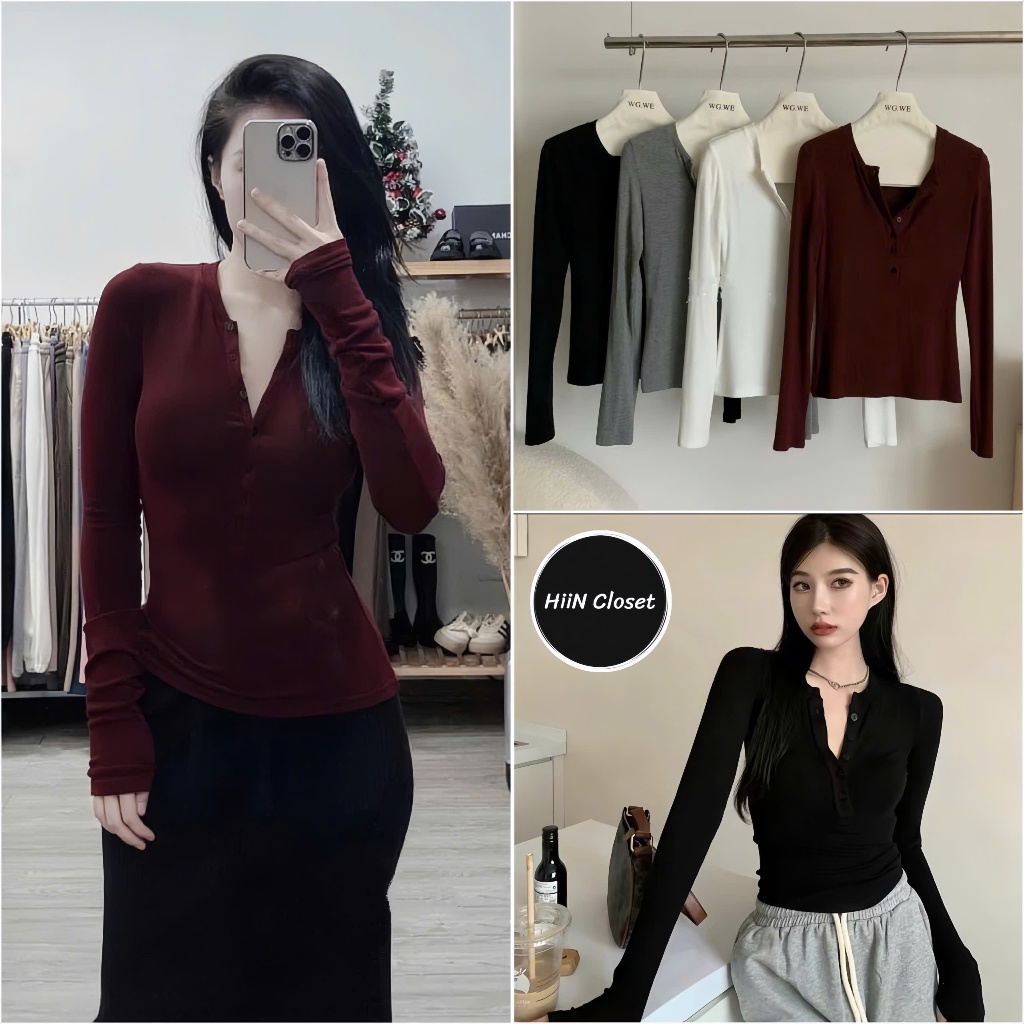 Áo thun nữ tay dài cúc ngực ôm body cực xịnh HiiNCloset - 109 | BigBuy360 - bigbuy360.vn