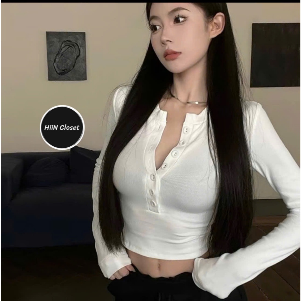 Áo thun nữ tay dài cúc ngực ôm body cực xịnh HiiNCloset - 109 | BigBuy360 - bigbuy360.vn
