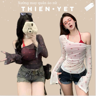 SÉT ÁO LƯỚI rời nhiều NƠ NHỎ XÍU HN tay dài cổ trễ vai kèm yếm siêu xinh nổi bật nữ - Thiên Yết