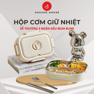 Hộp cơm bento Bear Blink 3 ngăn Inox 304 SUZUKO HOUSE , Hộp đựng cơm mang văn phòng giữ nhiệt kèm muỗng đũa HC06
