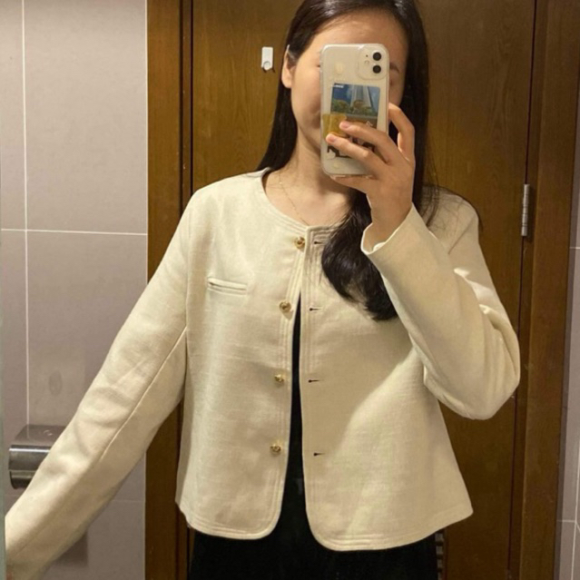 A888 Áo Blazer Dài Tay Cổ Tròn Cúc Tròn Màu Be, Áo Vest Nữ, Áo Dạ Dài Tay Mỏng, Áo Khoác Công Sở