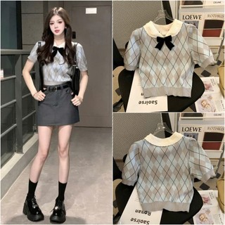 Áo polo dệt kim len nữ baby tee tay ngắn cổ búp bê thắt nơ kiểu kẻ caro cardigan phong cách Hàn Quốc