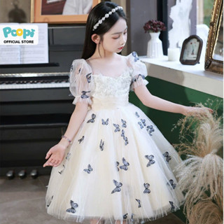 Váy Công Chúa Poopi Vải Dệt Họa Tiết Bướm Dáng Xòe Bồng Cho Bé Gái, Đầm Bé Gái Đi Chơi Đi Tiệc