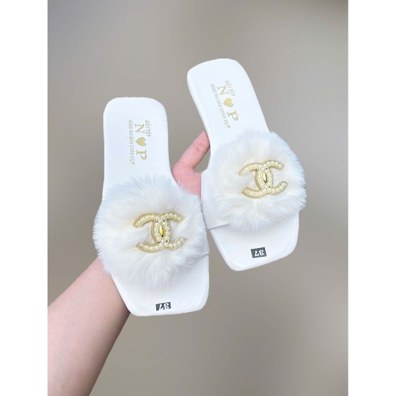 dép lê, dép nữ, dép xẹp quai lông như hình