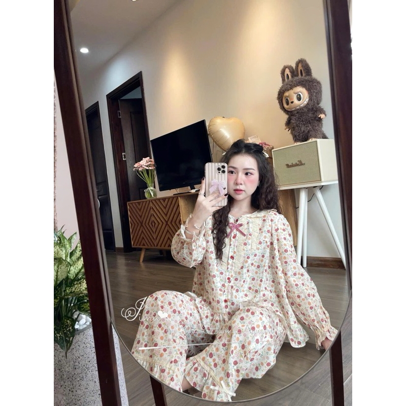 Sét bộ ngủ pijama hoạ tiết hoa chất lụa latin phối ren bánh bèo mềm mịn mát (freesize 40-60kg)