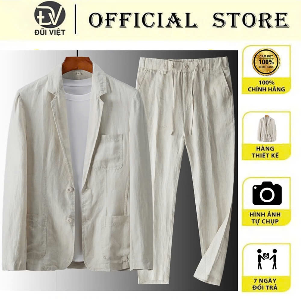  Set Đồ Nam Áo Khoác Blazer Mix Quần Dài Linen Suông Ống Rộng Có Dây Rút ĐŨI VIỆT Phong Cách Hàn Quốc 