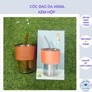  Cốc thủy tinh bọc da có nắp kèm ống hút  Ly thuỷ tinh GorGous bọc da sang chảnh chống bỏng pha sữa cafe 450ml 