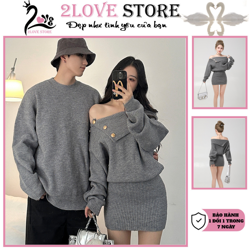 Set đồ đôi nam nữ bộ đồ đôi couple 2Love váy xuông nữ và áo len dài nam mùa thu đông 2024