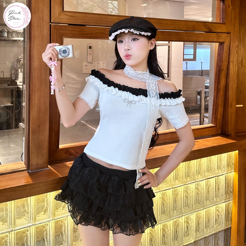 Áo Kiểu Nữ Tay Ngắn Trễ Vai Phối Kèm Dây Ren PINKSTORE29 Viền Bèo Đính Nơ A51143