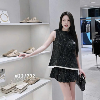 Set đồ nữ sang chảnh tiểu thư áo dạ kiểu cổ tròn không tay phối chân váy xếp ly xòe ngắn thiết kế công sở thanh lịch LEV