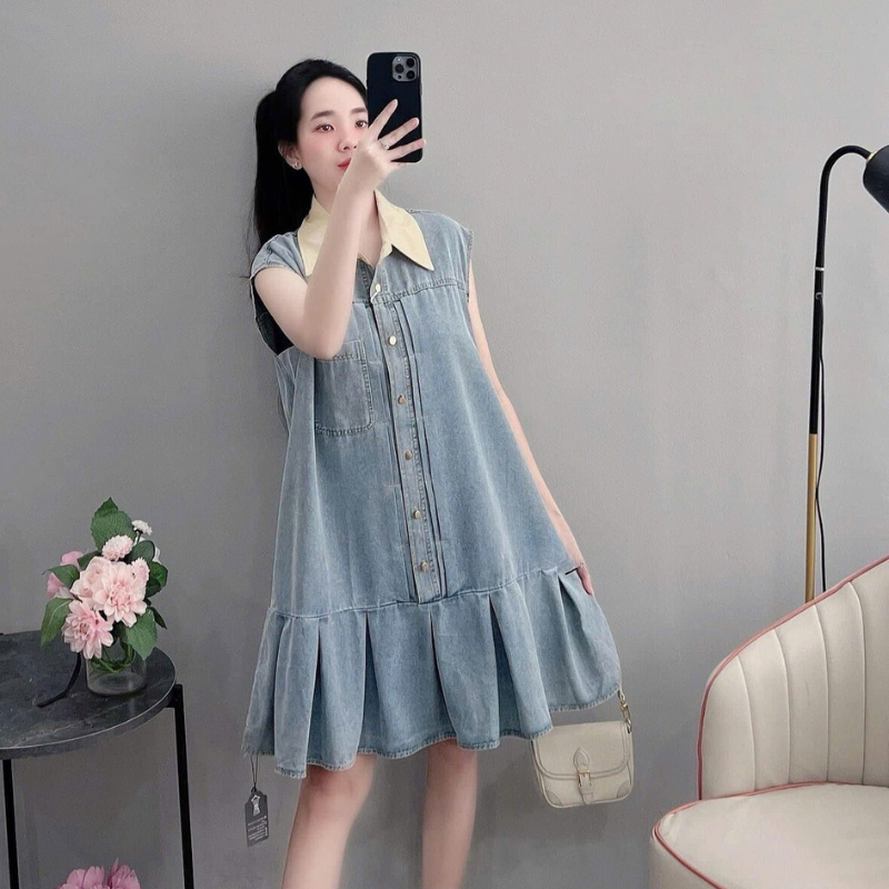 Tira Mama Design [VB1457] váy bò suông dập ly phối cổ trắng phong cách tiểu thư