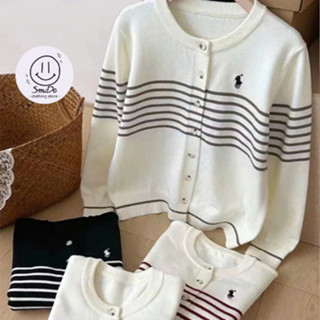 Áo Khoác Cardigan, Áo Len Cardigan Dệt Kim Thêu Logo Ngựa Ngực Họa Tiết Kẻ Ngang Tay Dài Phong Cách Hàn Quốc | Smide
