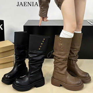 Giày bốt nữ đế dày cao gót 5cm da trơn cao cấp phối cúc kim loại phong cách cá tính