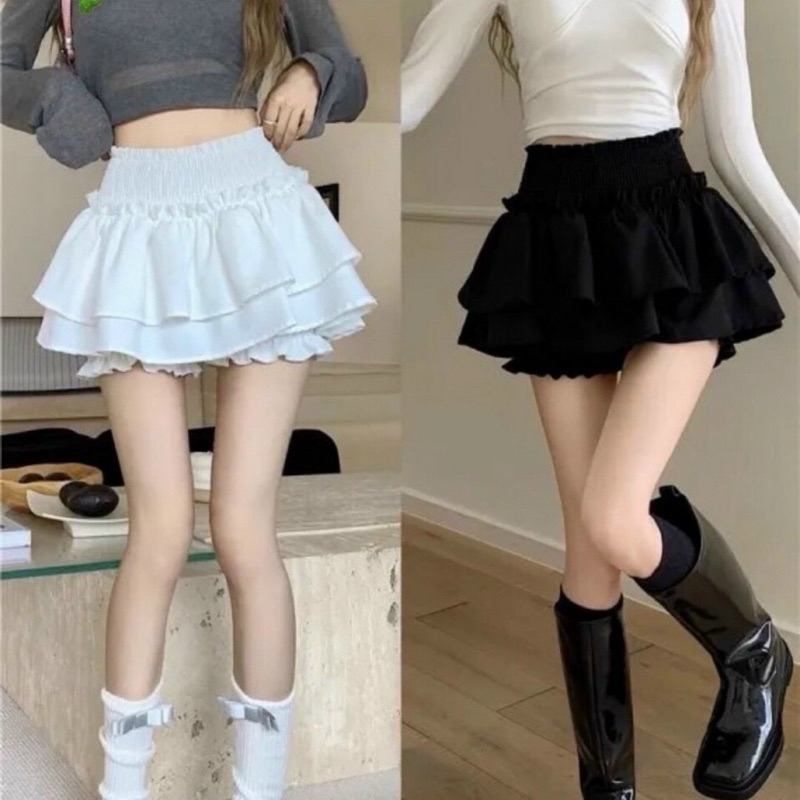 Chân váy coquette 2 tầng trắng đen bèo xòe ngắn phồng chất đũi lưng chun có quần bảo hộ CV039