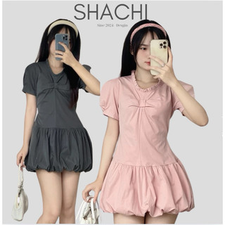 ( Kèm quần trong ) Váy bí dáng chữ A tay bồng nhún cổ tiểu thư C15 SHACHI