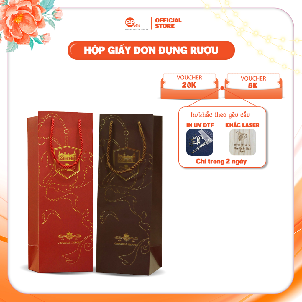 Túi Giấy Đơn 1 Chai Top Wine Màu Đỏ, Nâu Quai Xách Chắc Chắn Tinh Tế Epvina Box