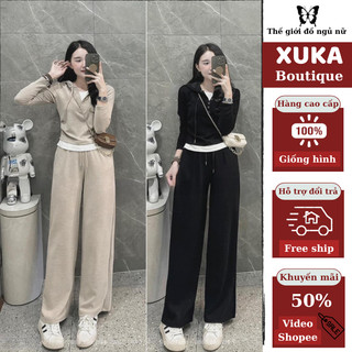  Set đồ nữ tay dài có mũ form rộng dáng suông đồ bộ nữ quần ống rộng phong cách Hàn Quốc trẻ trung hcom3222 