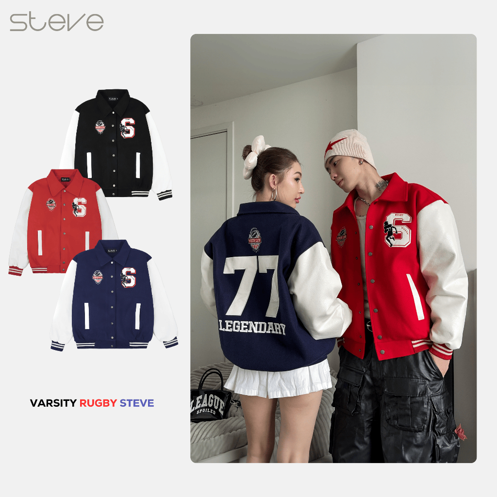 Áo Khoác Dạ Varsity RUGBY STEVE - Phối Da xuất xứ từ Scotland, Nam nữ Form Rộng Unisex - AK04