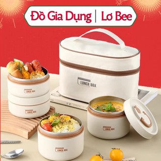 Hộp Cơm Giữ Nhiệt Lunch Box 4 Tầng Inox, Hộp Đựng Cơm  Văn Phòng Tặng Kèm Túi Giữ Nhiệt Và Đũa Thìa Dùng Cho Lò Vi Sóng