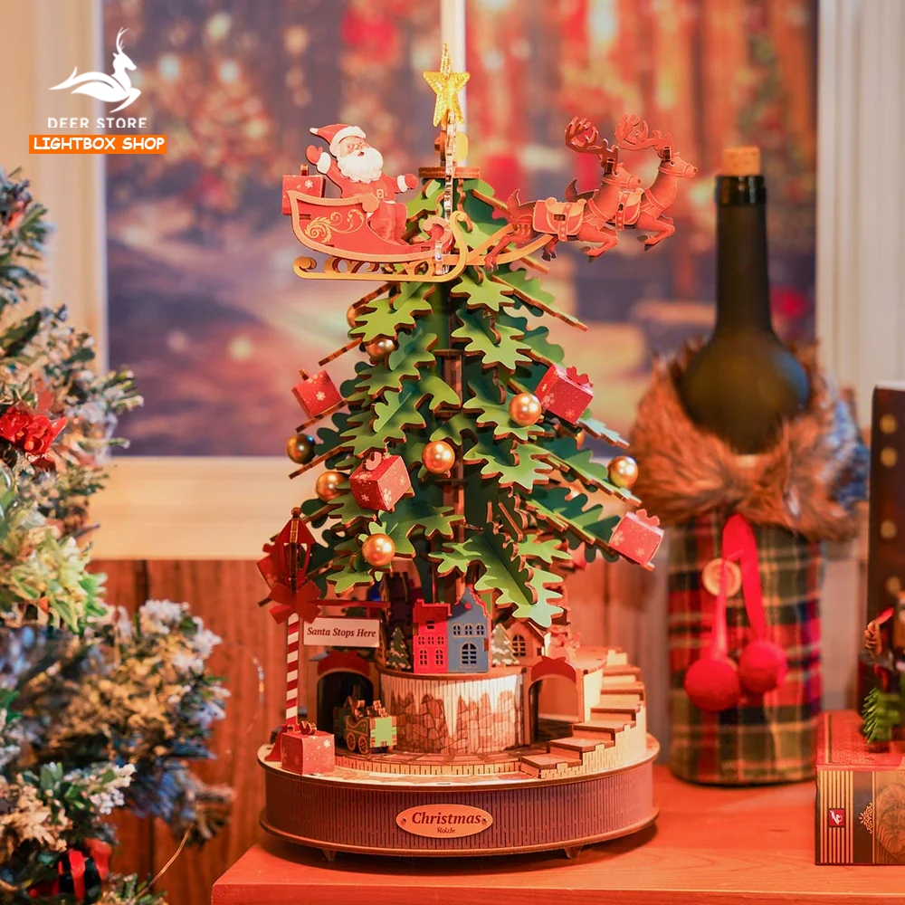 Hộp âm nhạc xoay 360 độ Robotime. Quà tặng noel. Rolife Christmas Melody Tree Music Dreamer AMS01. Tự Lắp ráp