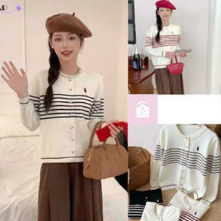 Áo Khoác Len Dệt Kim Cổ Tròn, Áo Cardigan Len Mỏng Thoáng Khí Phối Họa Tiết Sọc Thêu Ngựa Ngực Tay Dài | Vui Vẻ Shop