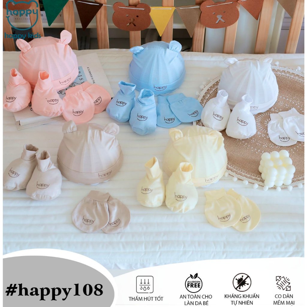 SET MŨ + BAO TAY + BAO CHÂN thun lạnh phong cách HÀN QUỐC, mềm mịn, co giãn cho bé đến 5kg (có 1 set & combo 3 set)