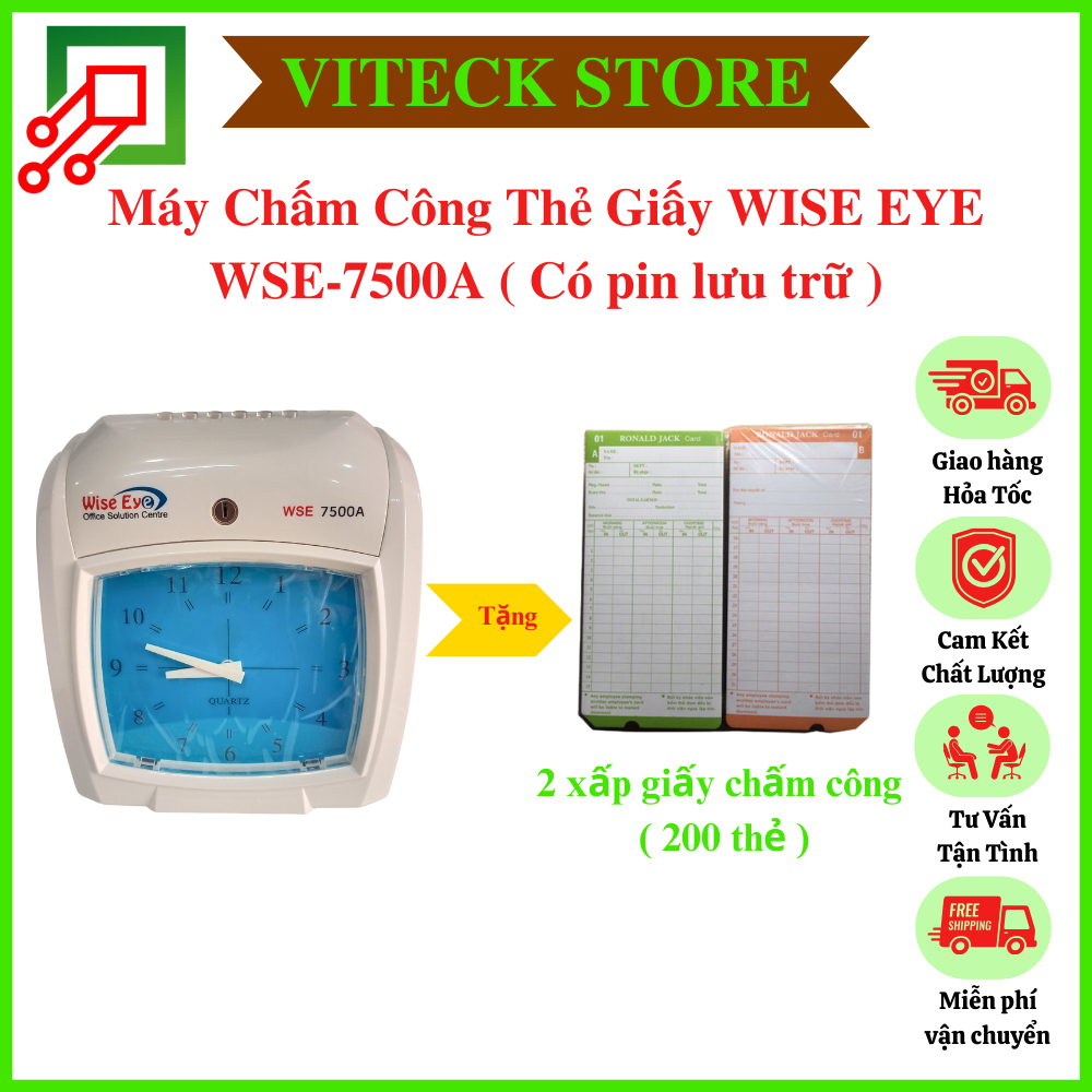 Máy Chấm Công Thẻ Giấy WISEEYE WSE-7500A ( Có pin dự phòng ) - Tặng 2 xấp Giấy Chấm Công