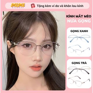 Gọng kính cận nữ nửa viền chống ánh sáng xanh uv chất liệu kim loại phong cách hàn quốc không viền kính mắt mèo K128