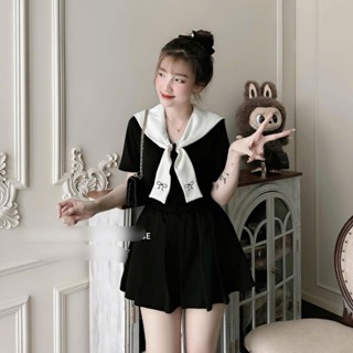 Sét váy thiết kế nữ tone đen cổ phối trắng nhẹ nhàng trẻ trung, sét áo ngắn tay cổ thủy thủ thêu nơ phối chân váy xếp ly