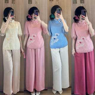   ẢNH THẬT  SET LAM TƠ THÊU HOA VAI CỔ TÀU SIÊU XINH PHỐI QUẦN LỤA SET LAM ĐI CHÙA 