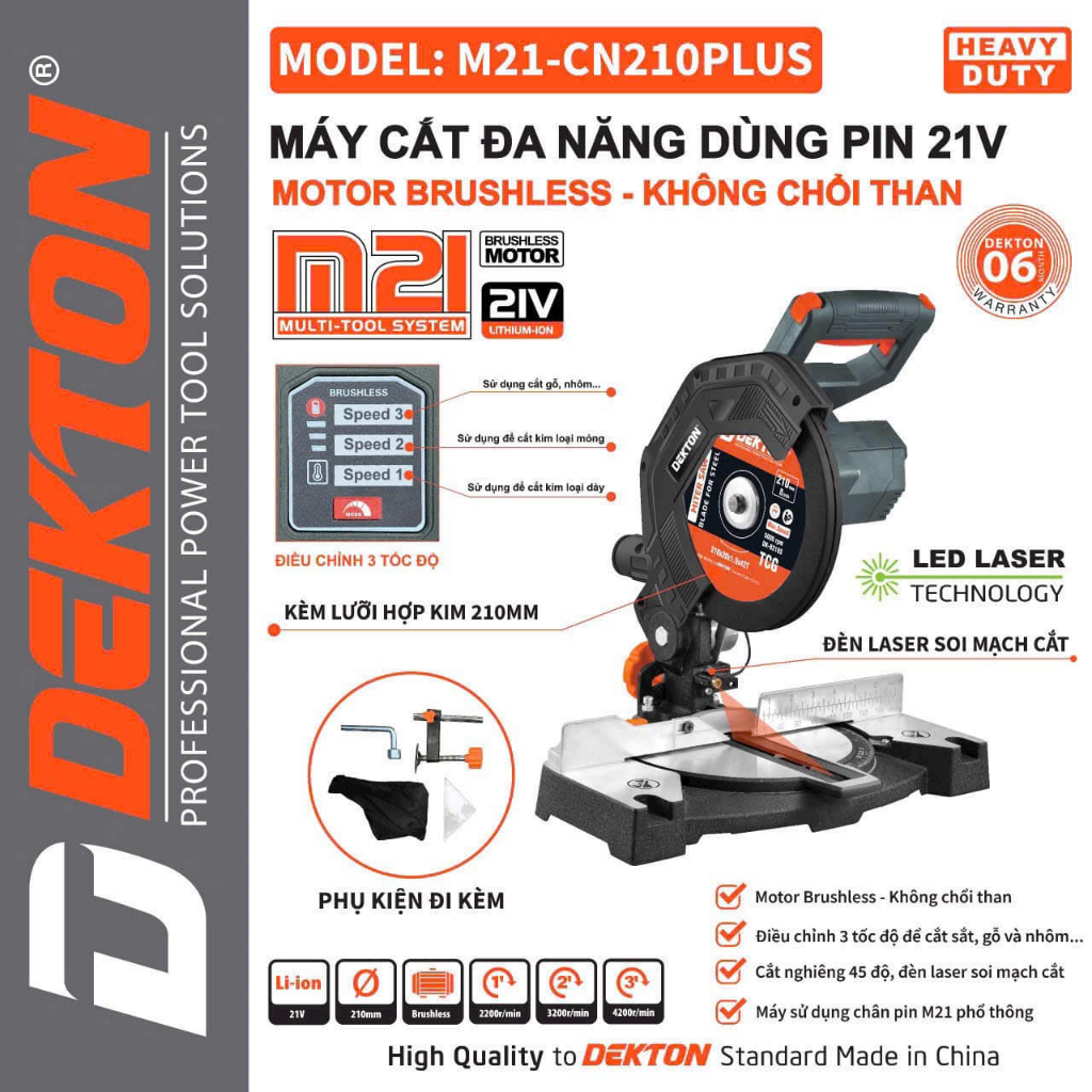 Thân Máy Cắt Nhôm DEKTON Dùng Pin / M21-CN210PLUS / Chỉnh 3 Cấp Tốc Độ / Có Cắt Nghiêng / Lưỡi Cắt 2