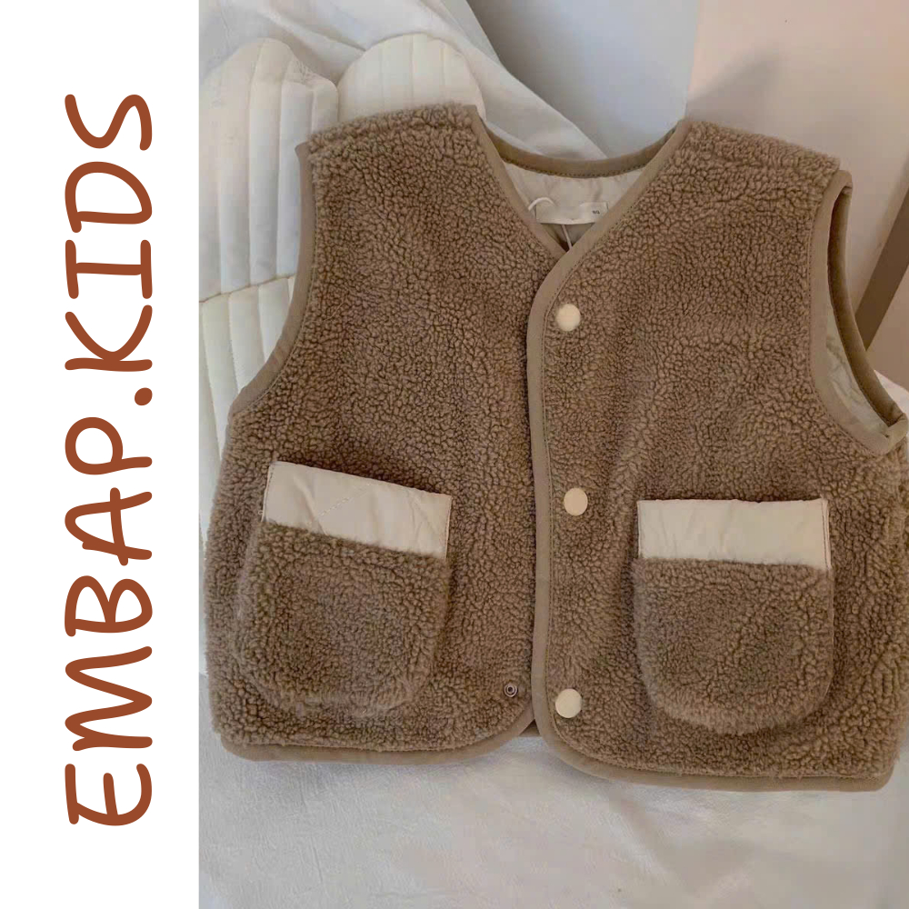 ÁO GILEE NỈ LÔNG CỪU CHO BÉ MẶC ĐƯỢC HAI MẶC CÓ TÚI ĐẰNG TRƯỚC CHO BÉ EMBAP ORDER, ÁO GILE LÔNG CỪU 