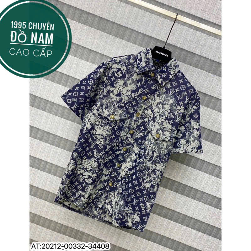 Áo sơ mi nam, áo sơ mi Denim Lv Jane tay ngắn vải bò loang cao cấp