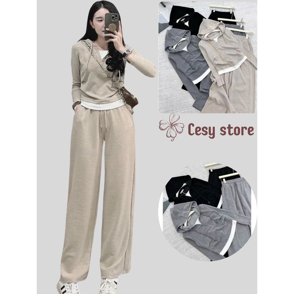 Set bộ dài tay Cesy, bộ quần áo thu đông mix viền trắng chất liệu len lông thỏ 336