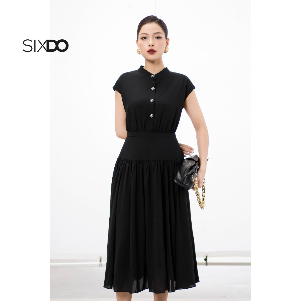 Đầm xòe cổ đức ngắn tay SIXDO (BLack Woven Mdi Dress)