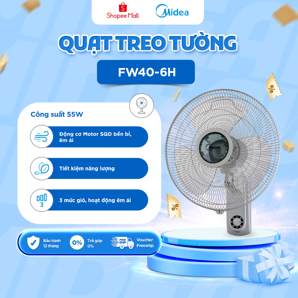 Quạt treo tường Midea 3 cánh FW40-6H- Hàng chính hãng