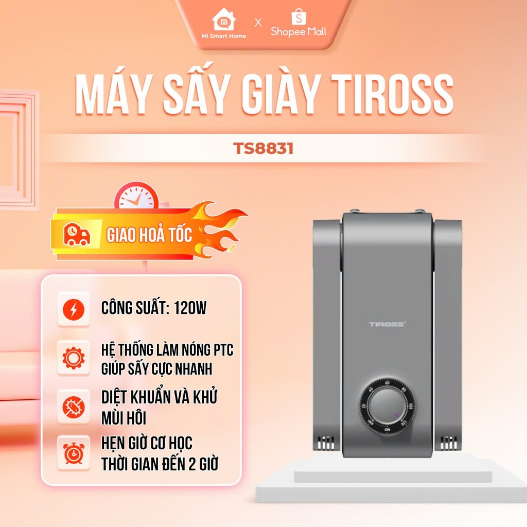 Máy sấy giày mini gấp gọn TIROSS TS8831 - Công suất 120W Khử khuẩn và mùi hôi, Hẹn giờ, Sấy cực nhanh