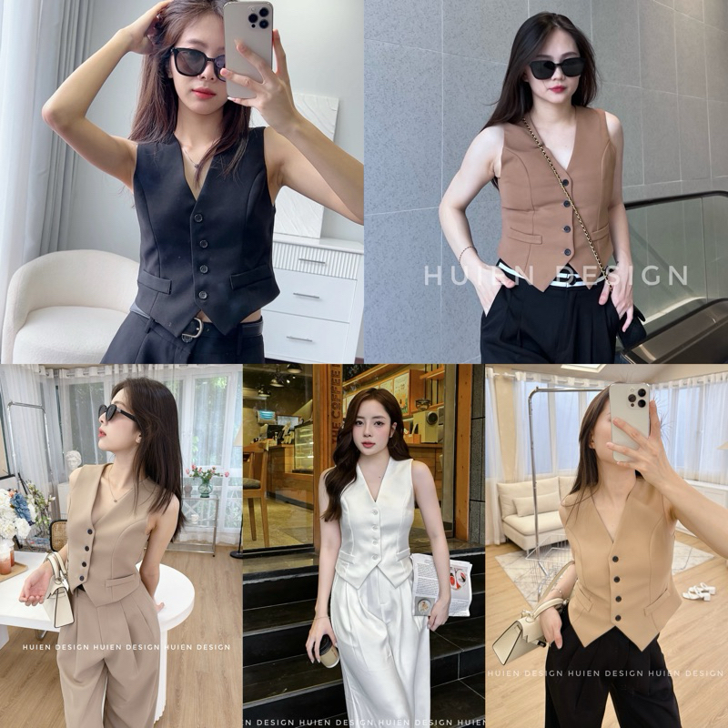Áo gile nữ 2 lớp cổ V hàng thiết kế Huien Design phong cách Hàn Quốc, form rộng có cơi túi