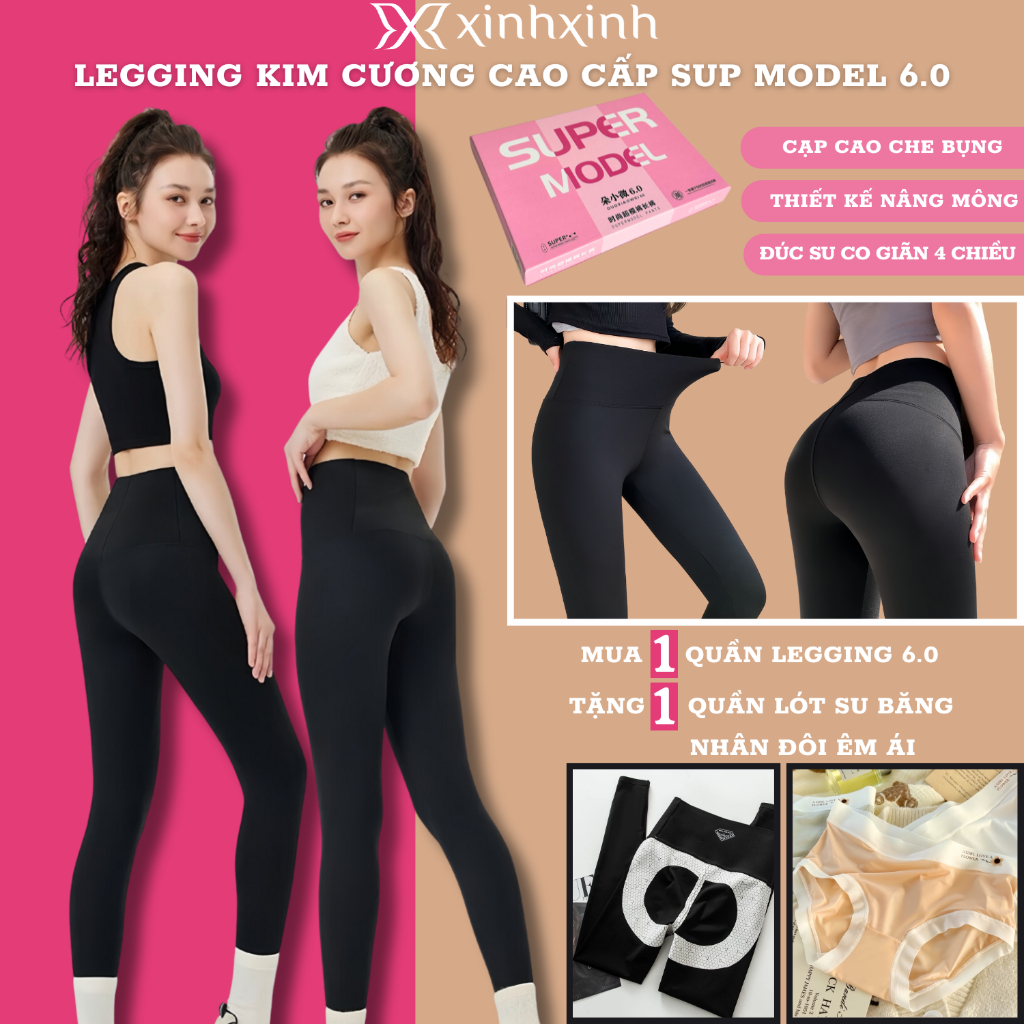 Quần Legging Su Đúc Kim Cương Sup Model 6.0 Hộp Hồng Lót Định Hình Mông , Co Giãn 4 Chiều Cạp Cao Che Bụng