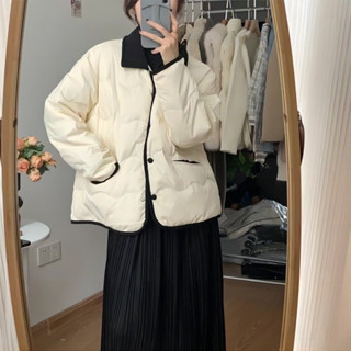 [ Sẵn Đen S+M + TrắngS+M+L+XL ] Áo Phao Trần Trám Cổ Nhung Bẻ ,Viền Đen ,Áo Phao Nữ Trần Bông Nhẹ Ấm