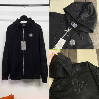 Áo khoác hoodie zip nam nữ Philipp Plein thêu logo sắt ngực phối dệt chữ viền mũ dọc tay đầu lâu lưng HZ58P