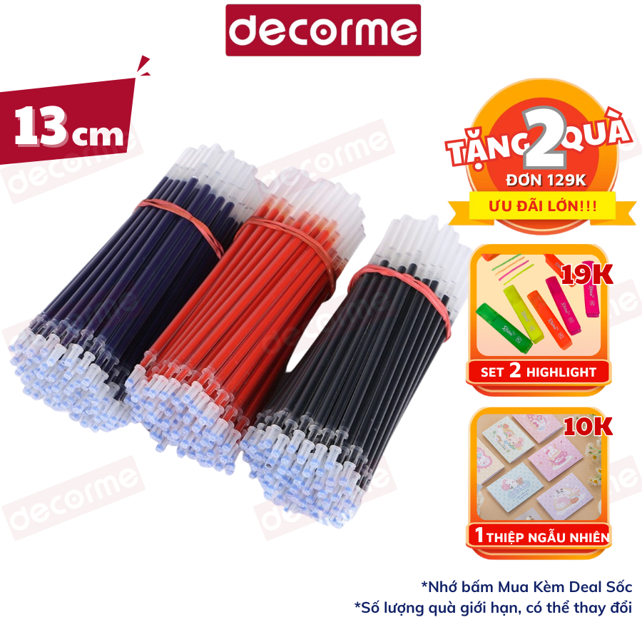 Ngòi bút gel DecorMe ruột bút gel 0.5mm 13cm lắp vừa bút gel nắp cài khô nhanh 3 màu đen xanh đỏ viết trơn mượt