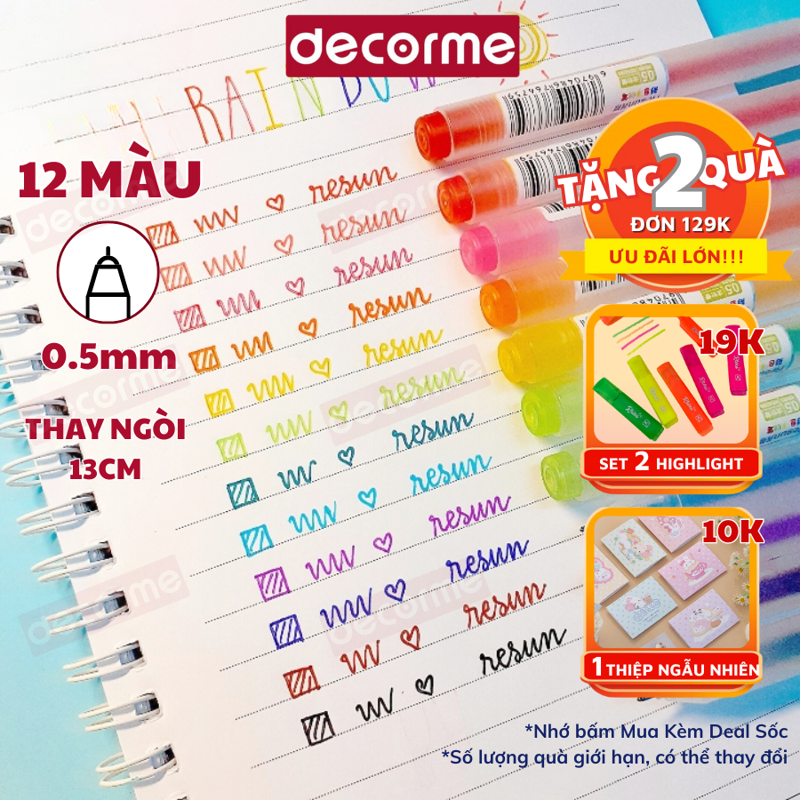Set 6 bút bi màu mực gel DecorMe Resun bút Muji bản dupe 12 màu ngòi 0.5mm