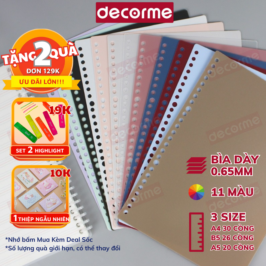 Bìa còng B5 A5 A4 DecorMe Bìa Nhựa đã đục lỗ dày 0.65mm làm sổ caro bullet journal