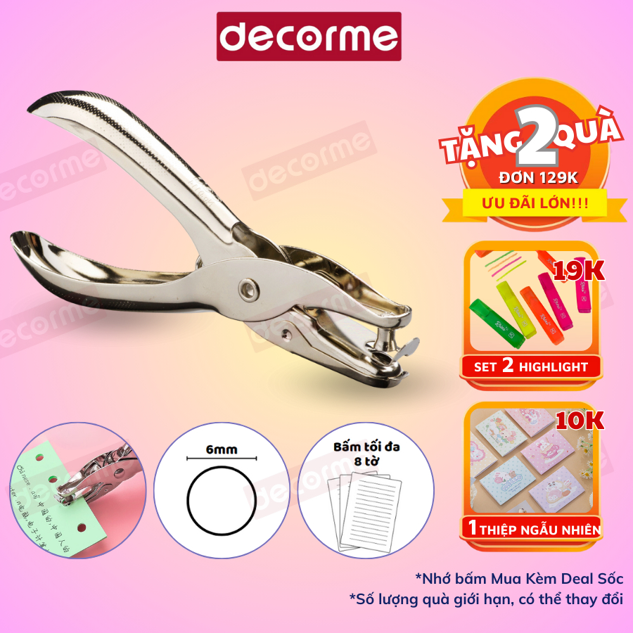 Đục lỗ giấy DecorMe dụng cụ đục lỗ đơn kẹp bấm lỗ giấy refill sổ còng cầm tay tiện dụng kìm bấm lỗ kim loại 0.6mm