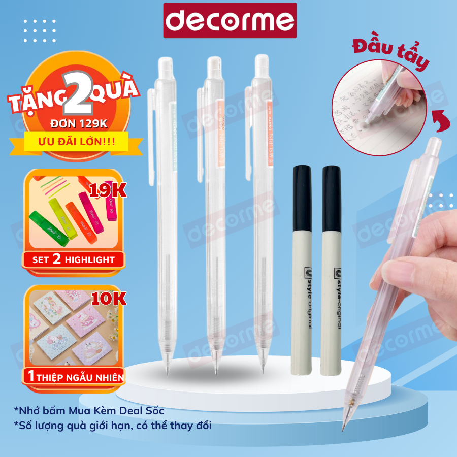 Bút chì kim Decorme ngòi chì kim 0.5 - 0.7mm combo bút chì kèm tẩy phụ kiện văn phòng phẩm