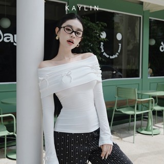 Áo kiểu KAYLIN trễ vai đính nơ chất vải thun gân cotton có giản phong cách gợi cảm - N2333