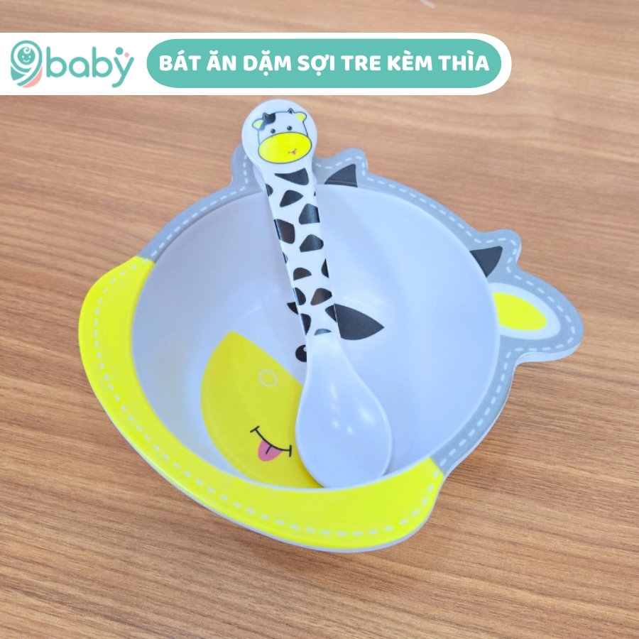Bộ bát ăn dặm, chén ăn dặm kèm thìa làm bằng sợi tre an toàn cho bé 9BABY mẫu bò sữa