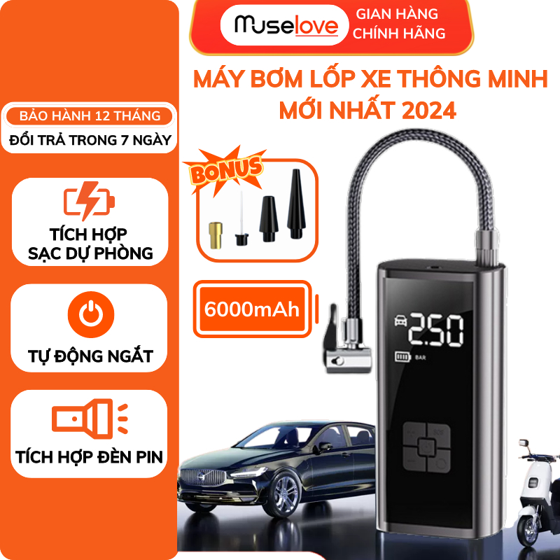 Máy Bơm Lốp Xe Ô Tô MUSELOVE Thông Minh Di Động, Đồng Hồ Điện Tử Hiển Thị Áp Suất, Tích Hợp Đèn Chiếu Sáng BXO02