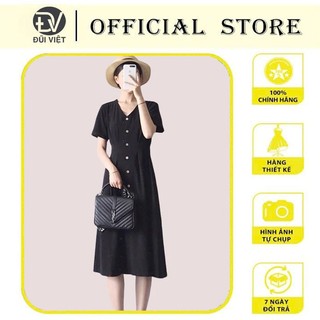 Váy sơ mi dáng dài tay ngắn, cổ V cài cúc chất Linen mềm cao cấp, phong cách nữ trẻ trung